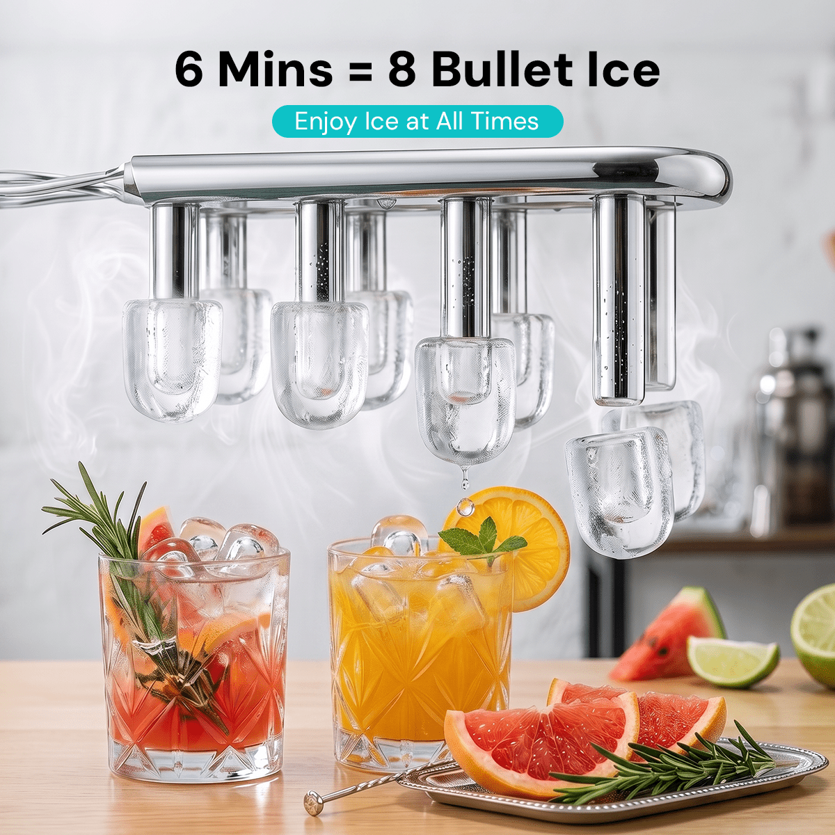 Kismile Countertop Ice Maker chrome finish with bullet ice; two cocktails with ice on table on Tampa Home & Garden Store
