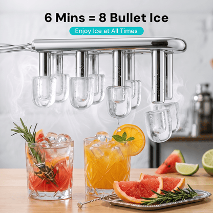 Kismile Countertop Ice Maker chrome finish with bullet ice; two cocktails with ice on table on Tampa Home & Garden Store