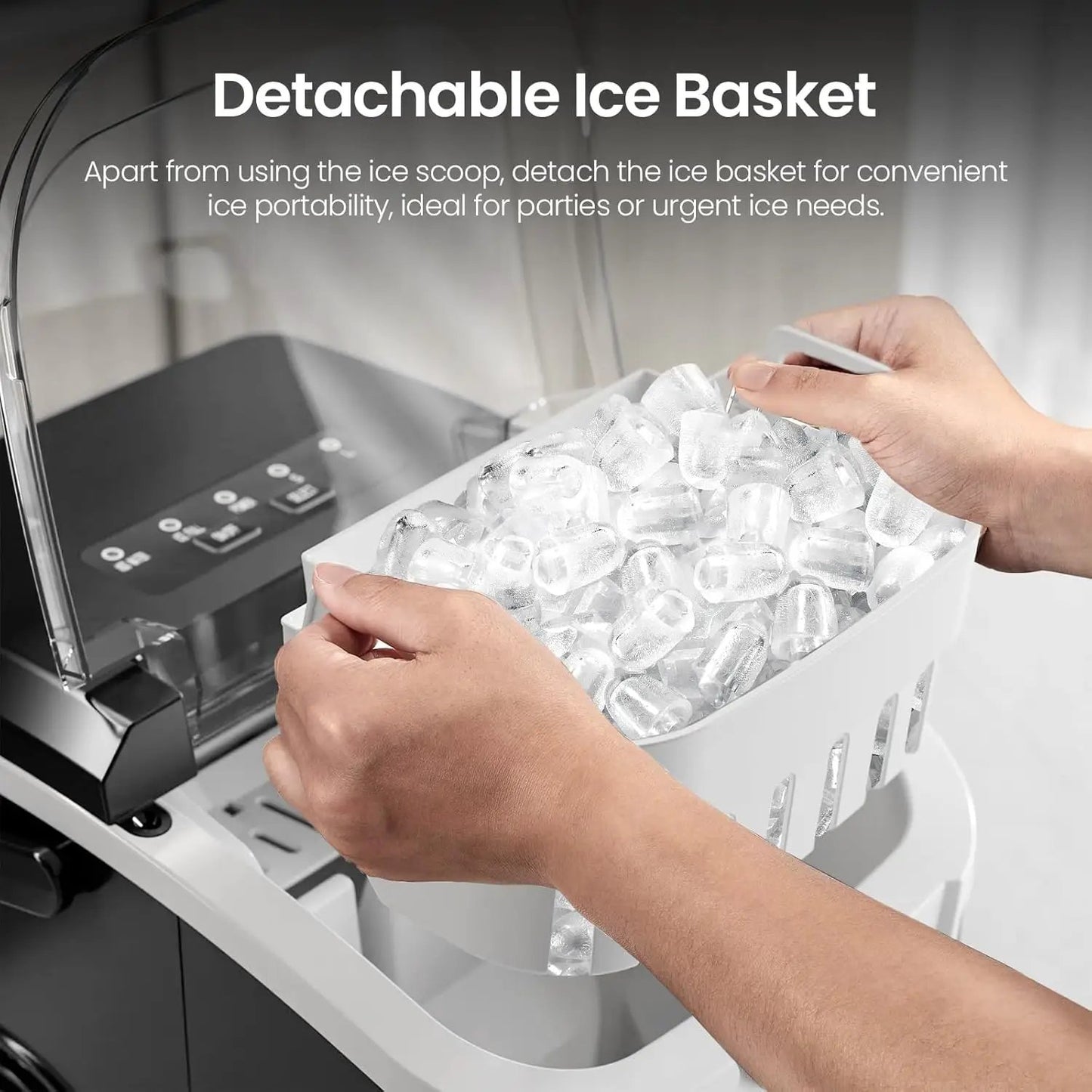 Kismile countertop ice maker with detachable ice basket filled with clear ice cubes on Tampa Home & Garden Store