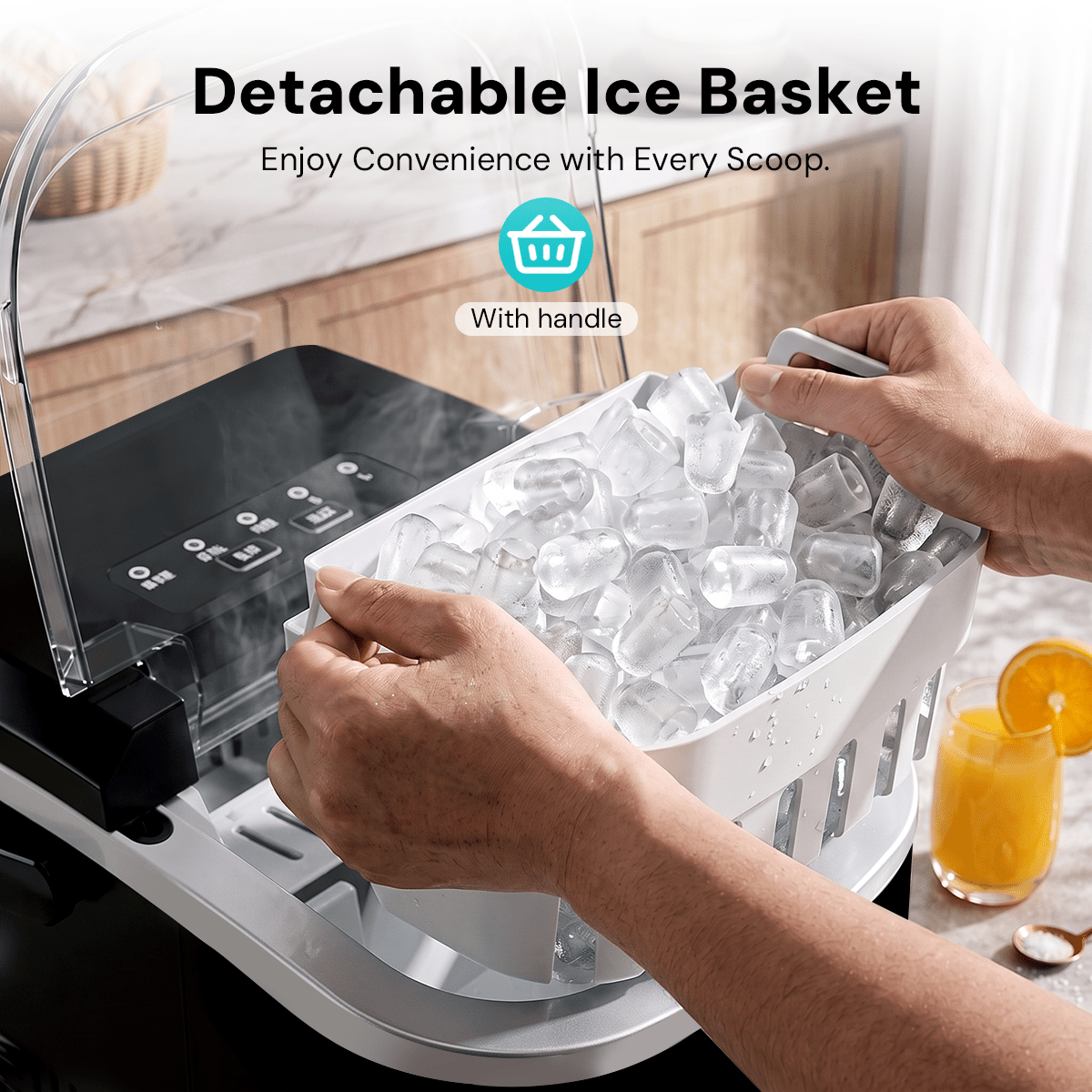 Kismile countertop ice maker with detachable ice basket handle, white, ready to scoop ice cubes on Tampa Home & Garden Store