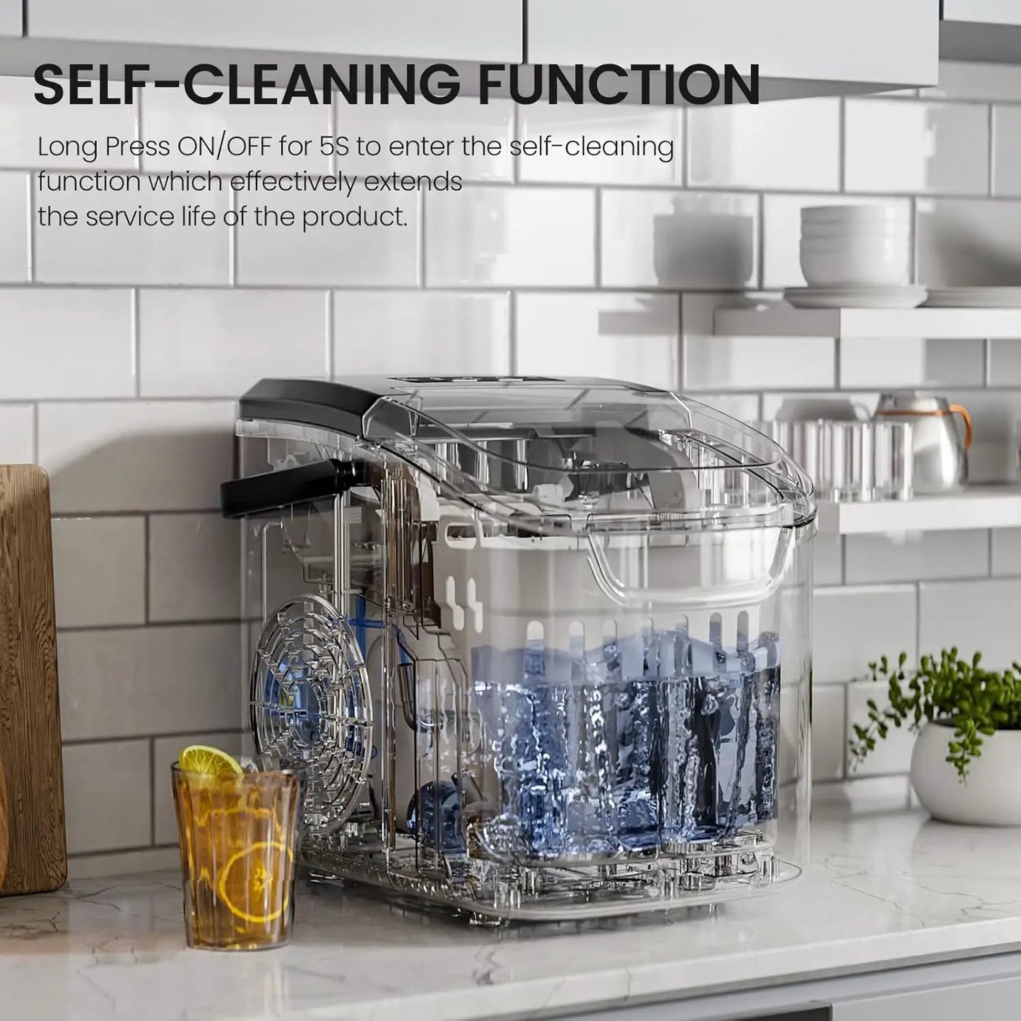Kismile countertop ice maker with clear plastic housing and visible ice 26 Lbs/day on Tampa Home & Garden Store