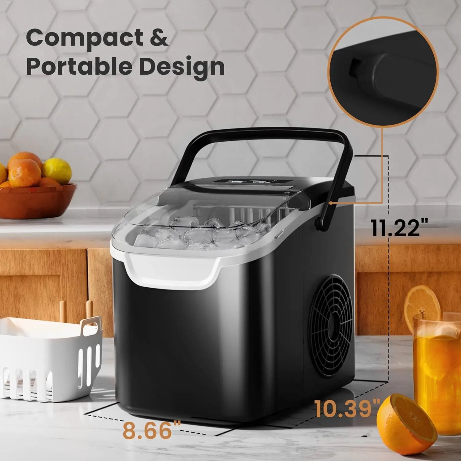 Kismile Countertop Ice Maker 26 Lbs/Day, compact black appliance with clear lid and ice on Tampa Home & Garden Store