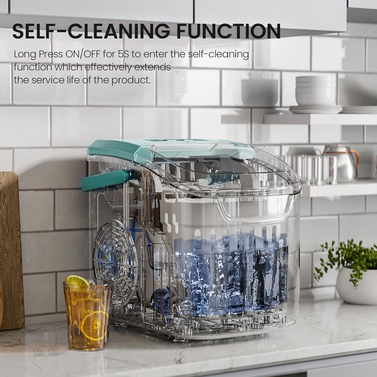 Kismile countertop ice maker teal lid, transparent body, 26 Lbs per Day on Tampa Home & Garden Store
