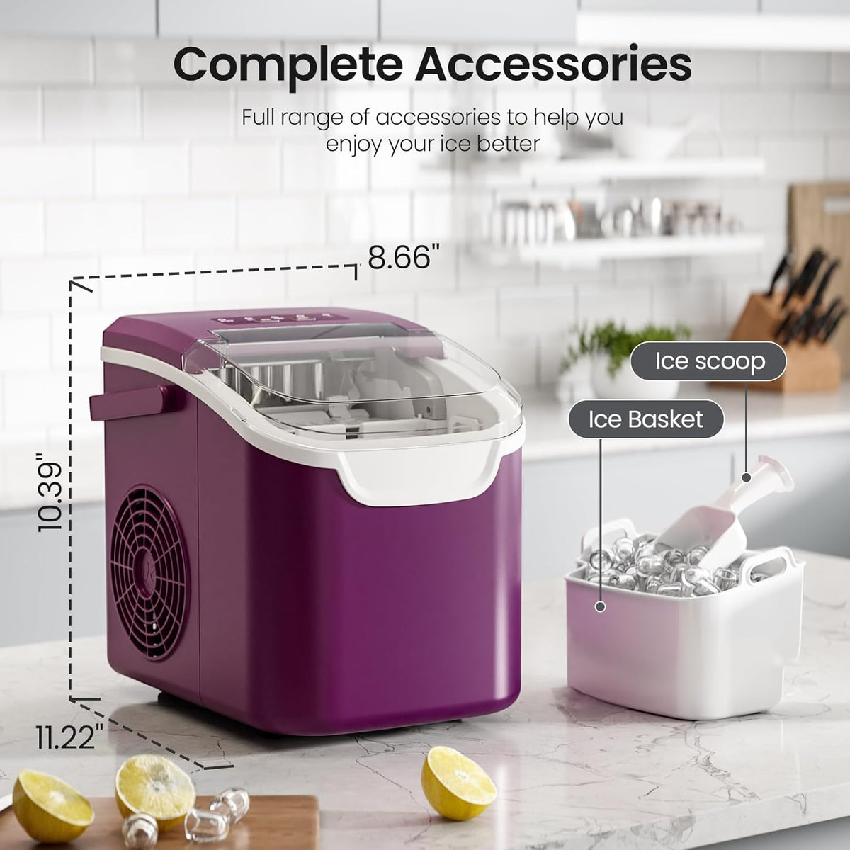 Kismile Countertop Ice Maker 26 Lbs/Day purple with clear lid, ice scoop and ice basket on Tampa Home & Garden Store