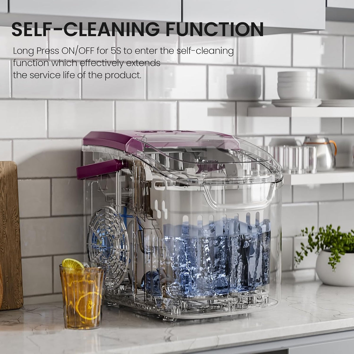 Kismile countertop ice maker 26 lb/day with purple lid and clear housing on a kitchen counter on Tampa Home & Garden Store