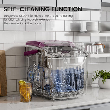 Kismile countertop ice maker 26 lb/day with purple lid and clear housing on a kitchen counter on Tampa Home & Garden Store