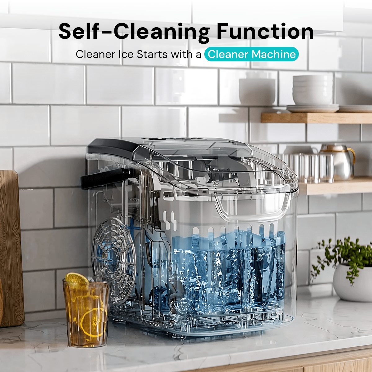 Kismile Countertop Ice Maker with clear housing and blue ice cubes, 26 Lbs/day on Tampa Home & Garden Store