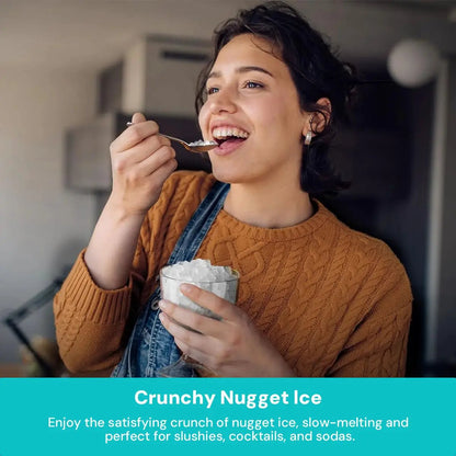 Kismile Nugget Ice Maker promo image; woman in orange sweater enjoying crunchy nugget ice on Tampa Home & Garden Store