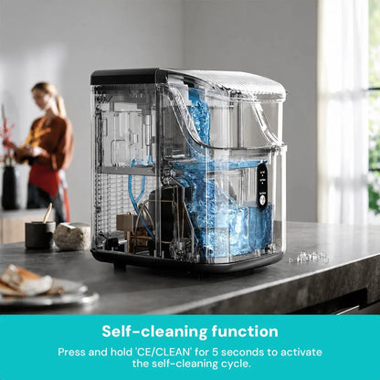 Kismile Nugget Ice Maker Z5815NB countertop with transparent housing and blue nugget ice on Tampa Home & Garden Store