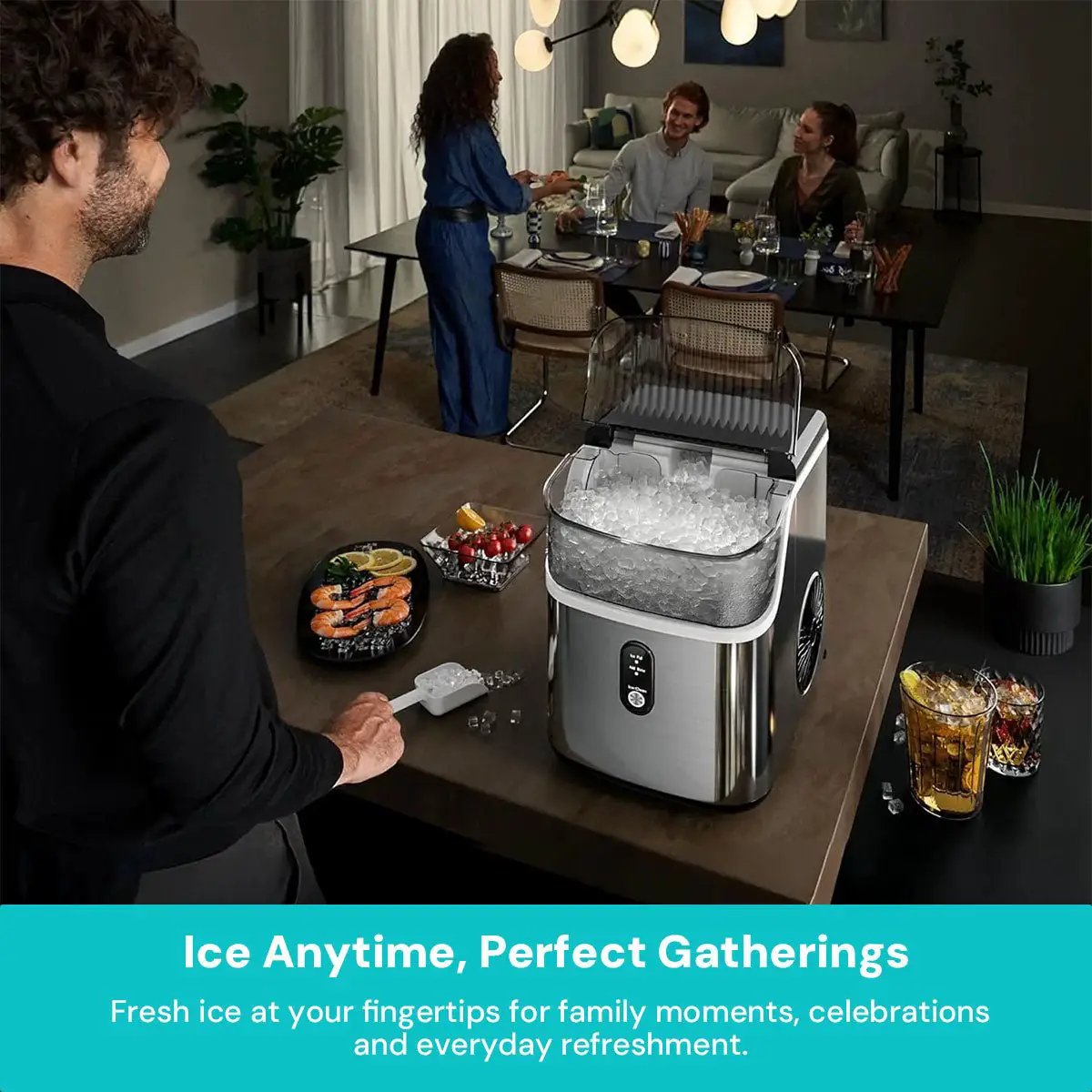 Kismile Nugget Ice Maker Z5815NB in stainless steel with ice bin of nugget ice on Tampa Home & Garden Store