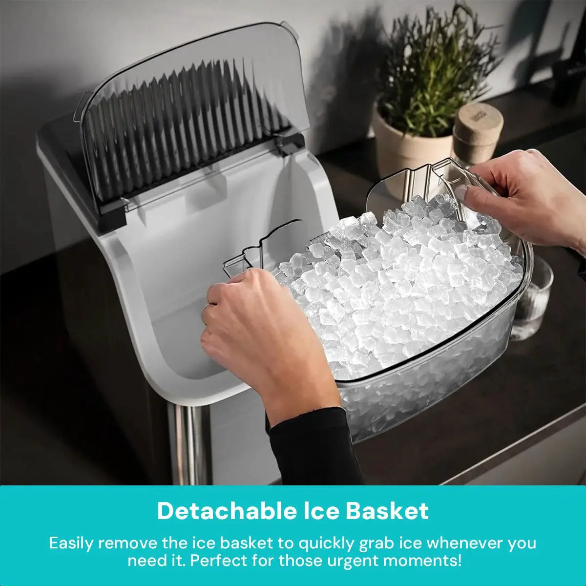 Kismile Nugget Ice Maker on countertop with detachable ice basket filled with nugget ice on Tampa Home & Garden Store