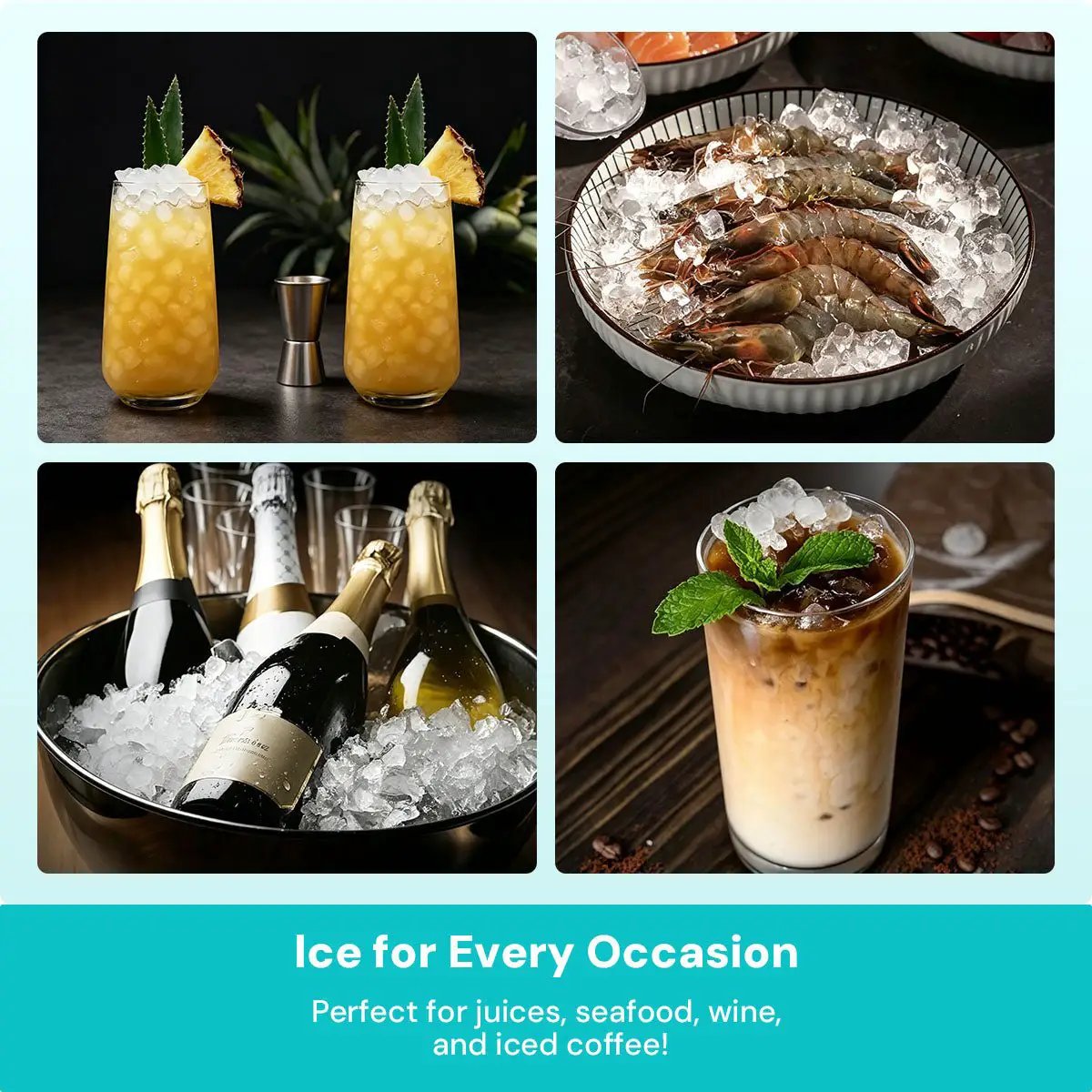 Kismile Nugget Ice Maker collage: cocktails, shrimp on ice, champagne bottles, iced coffee on Tampa Home & Garden Store