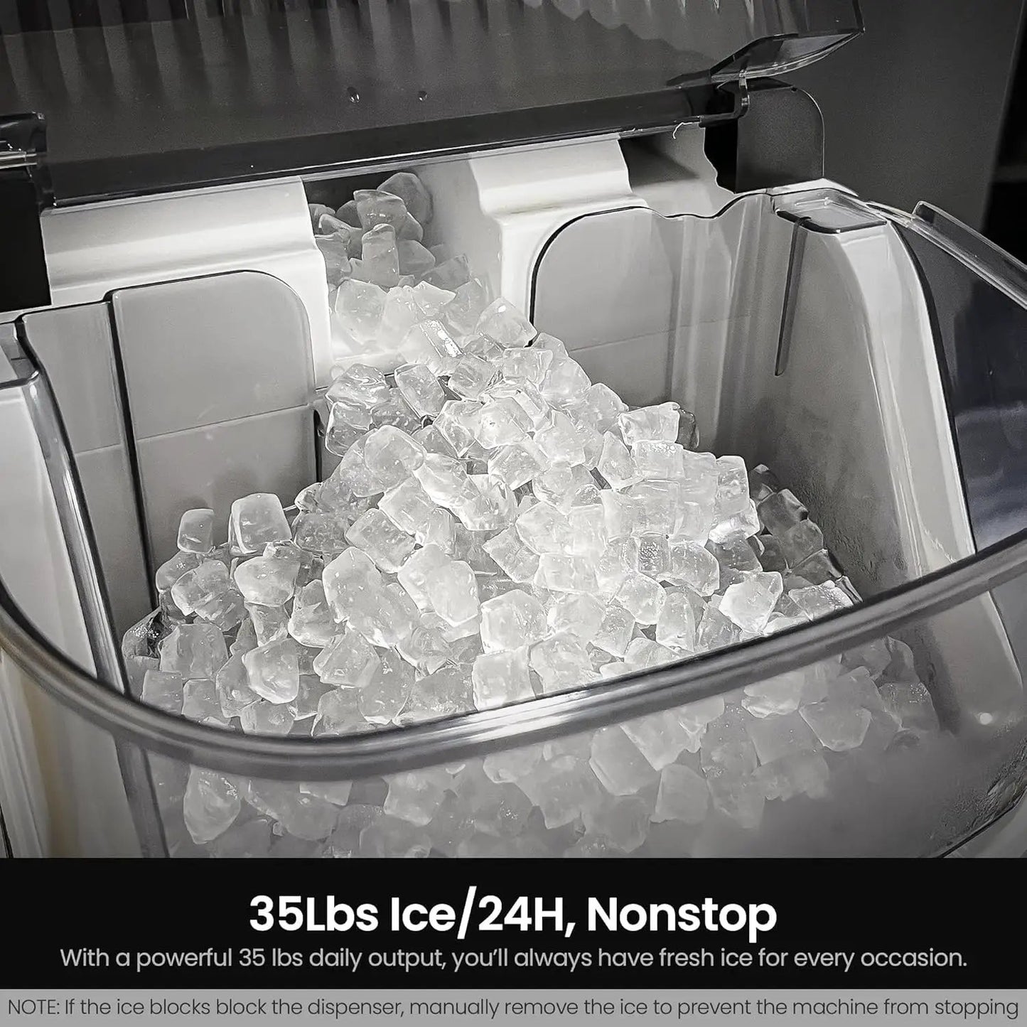 Kismile Nugget Ice Maker Z5815NB on countertop with clear ice cubes on Tampa Home & Garden Store
