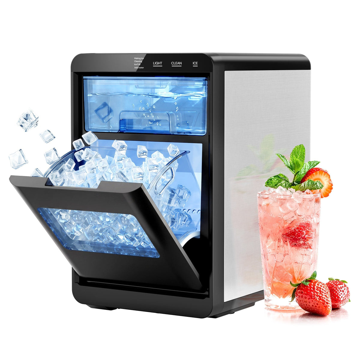 Kismile Nugget Ice Maker countertop black with clear ice bin, blue-lit interior on Tampa Home & Garden Store