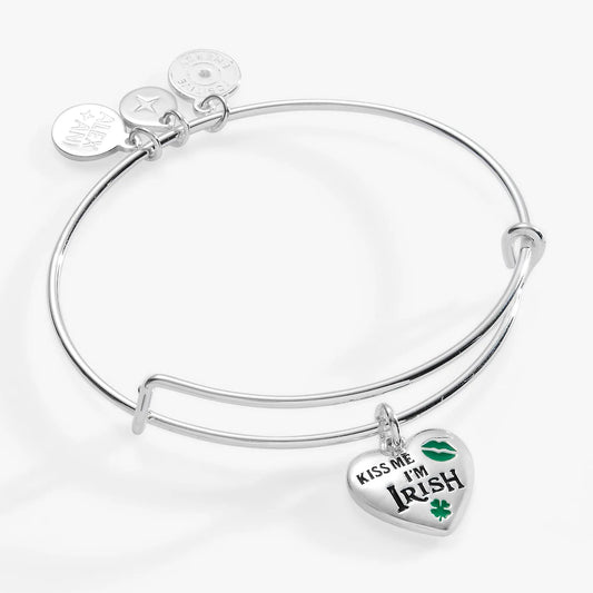 Bracelet Kiss Me I'm Irish Charm Bangle by Alex and Ani in silver with round charms including a green shamrock and brand disk on Tampa Home & Garden Store