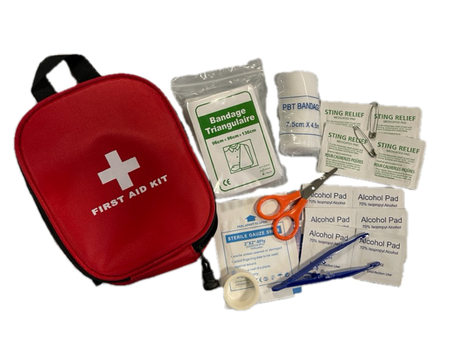 Red first aid kit bag by River Country Gear with scissors alcohol pads and bandages on Tampa Home & Garden Store