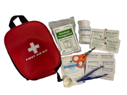 Red first aid kit bag by River Country Gear with scissors alcohol pads and bandages on Tampa Home & Garden Store