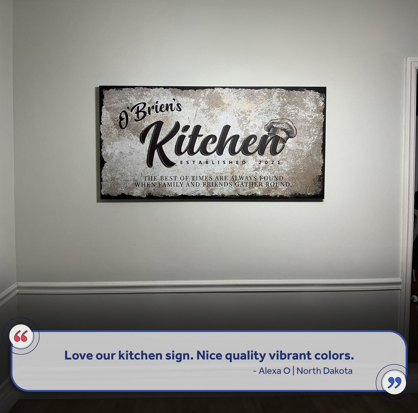 Family Kitchen Sign III canvas by Tailored Canvases with metallic textured backdrop on wall on Tampa Home & Garden Store