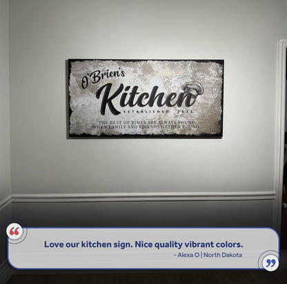 Family Kitchen Sign III canvas by Tailored Canvases with metallic textured backdrop on wall on Tampa Home & Garden Store
