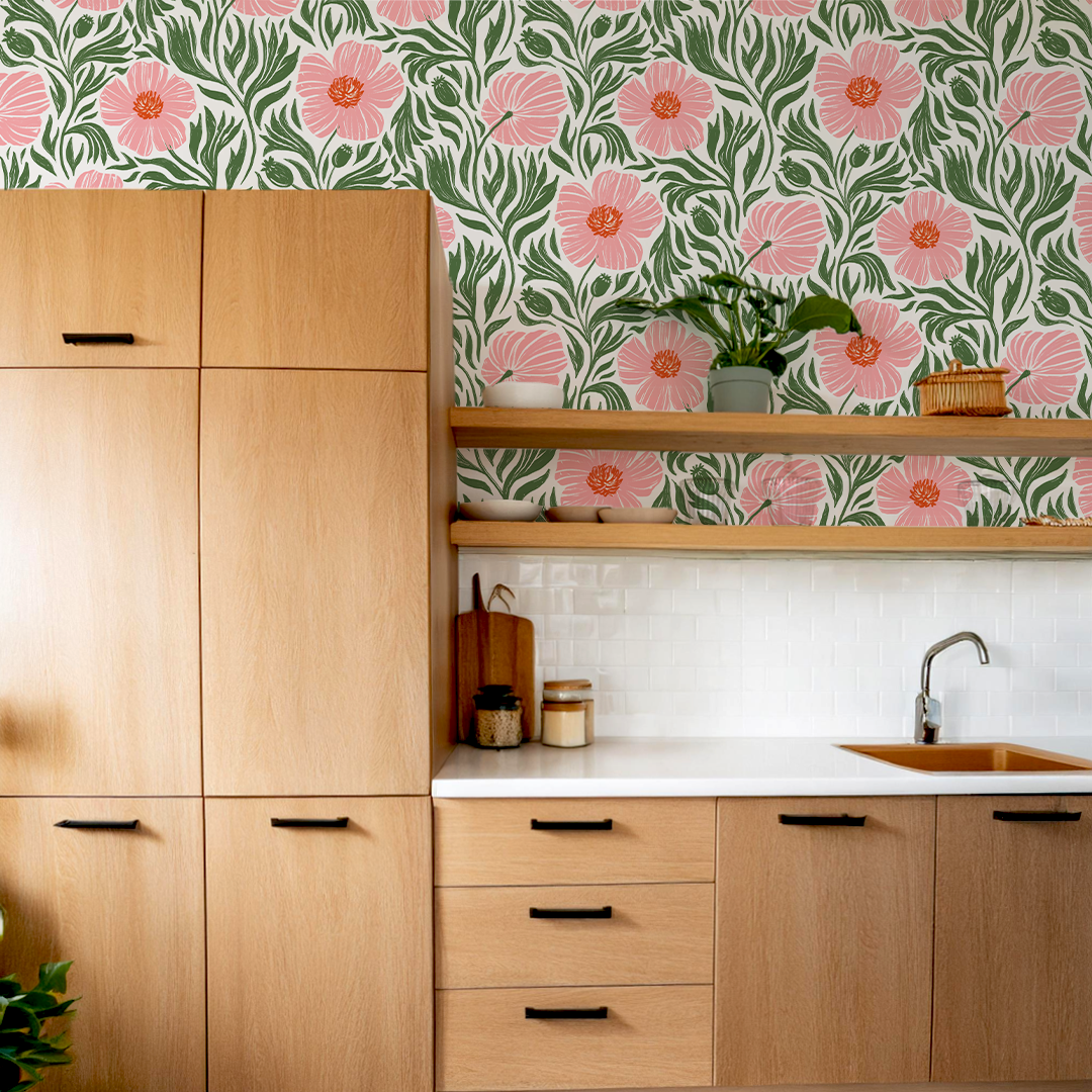 Papel pintado Matilija, blanco, rosa y verde
