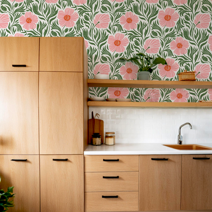 Papel pintado Matilija, blanco, rosa y verde
