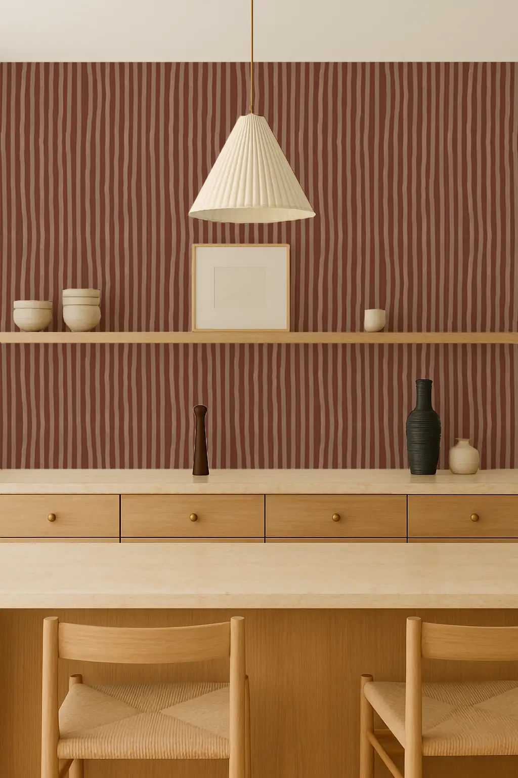 Dolce Stripe Wallpaper brown peach with vertical wavy stripes by Samantha Santana Creative on Tampa Home & Garden Store
