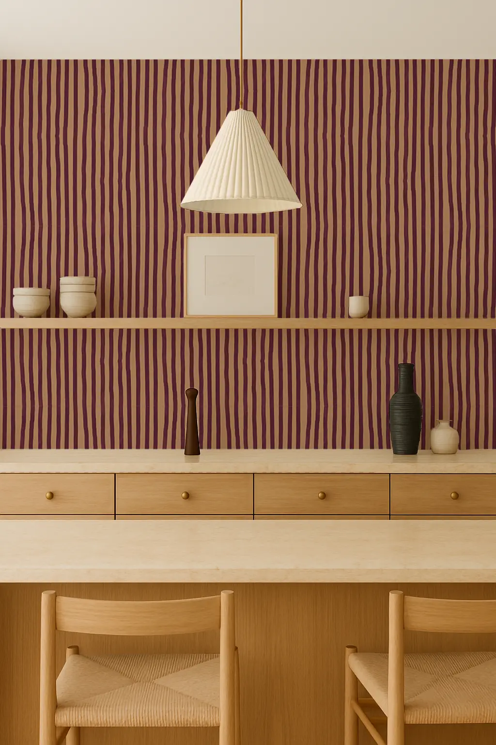 Dolce Stripe Wallpaper in peach and eggplant with bold vertical stripes Samantha Santana Creative on Tampa Home & Garden Store