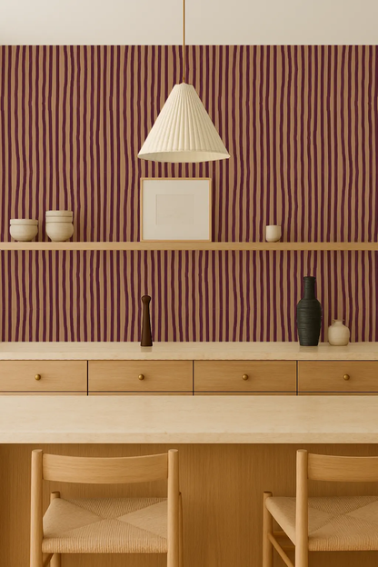 Dolce Stripe Wallpaper in peach and eggplant with bold vertical stripes Samantha Santana Creative on Tampa Home & Garden Store