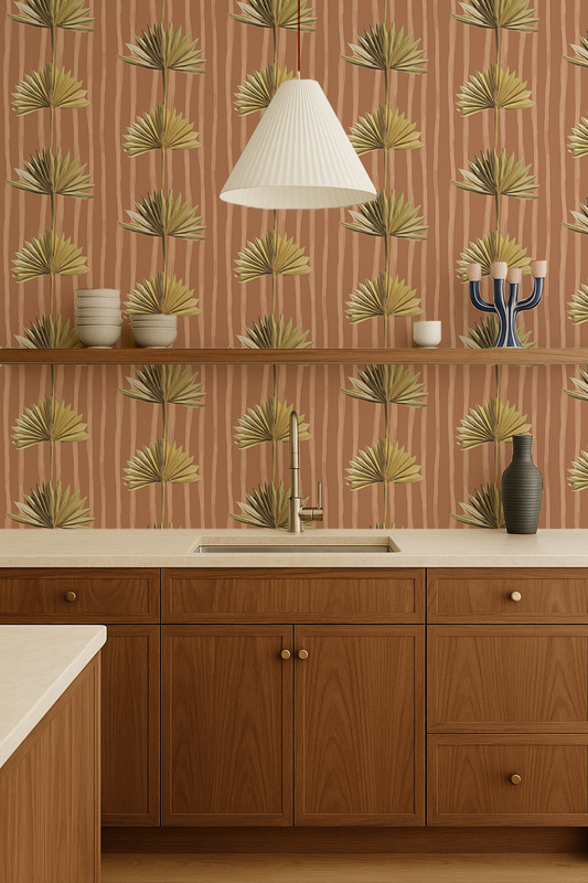 Stripey Palm Wallpaper, terra cotta and yellow - Tampa Home & Garden Store