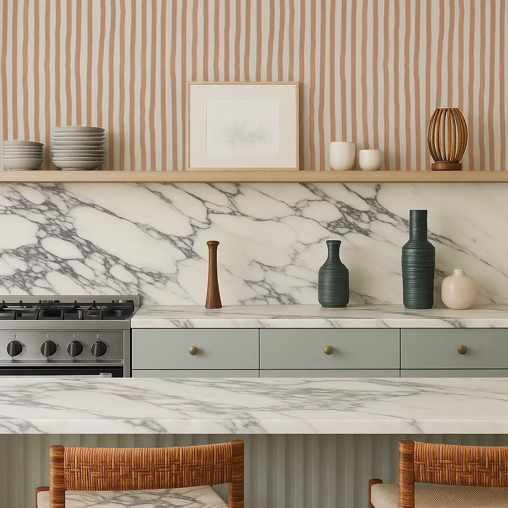 Wallpaper Dolce Stripe in Off-White and Peach with vertical stripes in a kitchen backdrop on Tampa Home & Garden Store