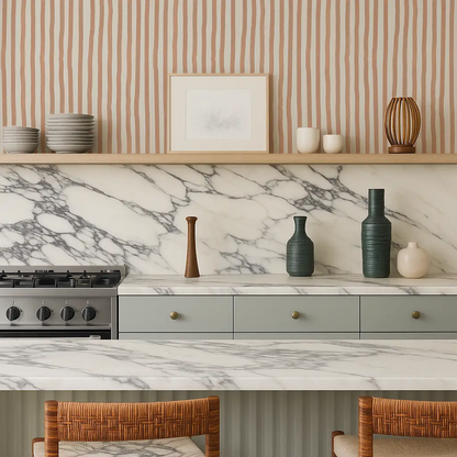 Wallpaper Dolce Stripe in Off-White and Peach with vertical stripes in a kitchen backdrop on Tampa Home & Garden Store