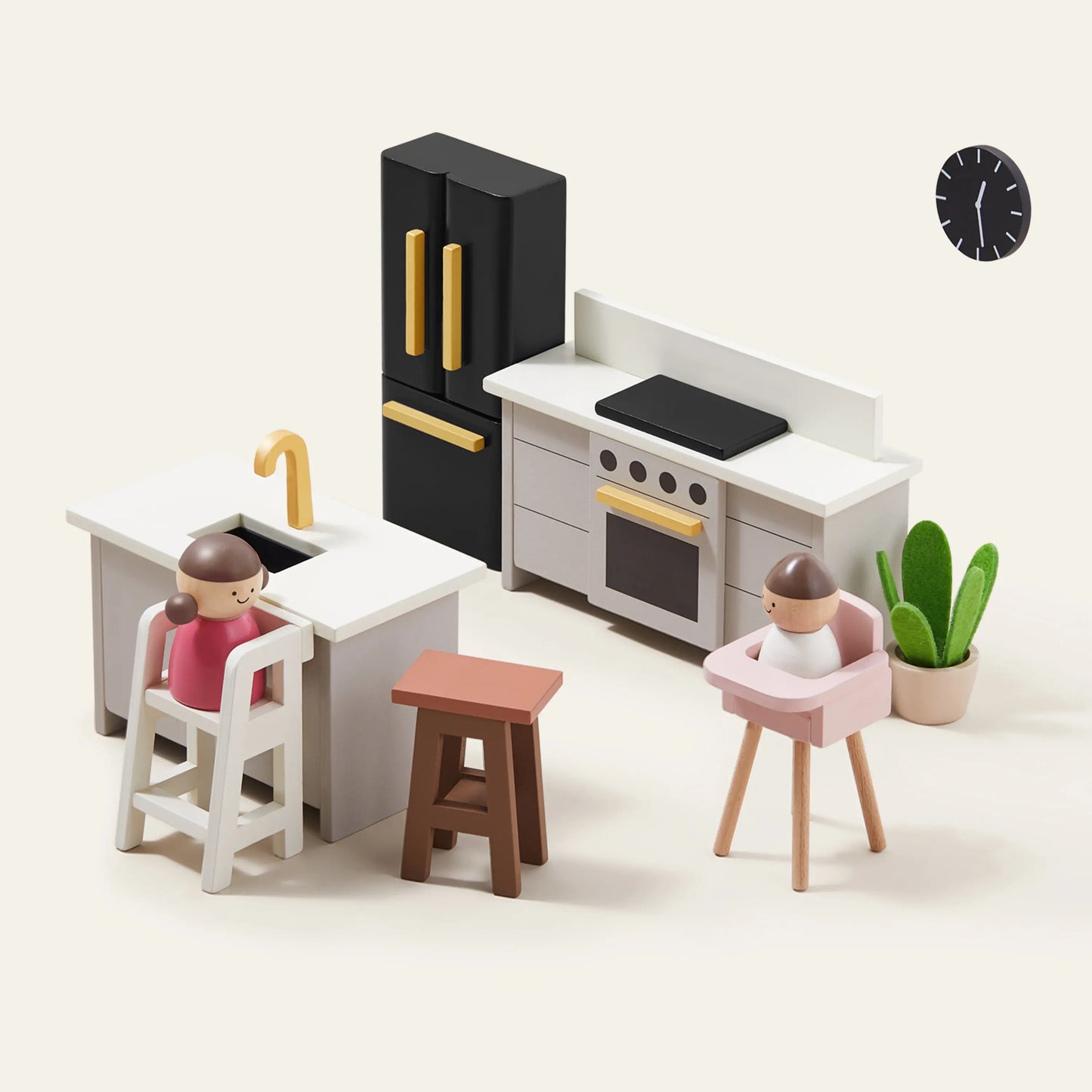 Tiny Land® Sweetwood Edge Dollhouse kitchen with black cabinet and gold handles, white counter on Tampa Home & Garden Store