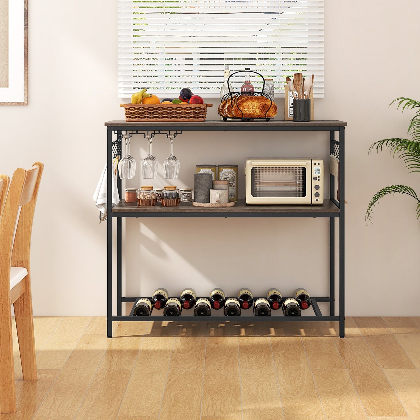 Kitchen Island with 3 Shelves Wine Glass Holders and 10 Hooks-Gray