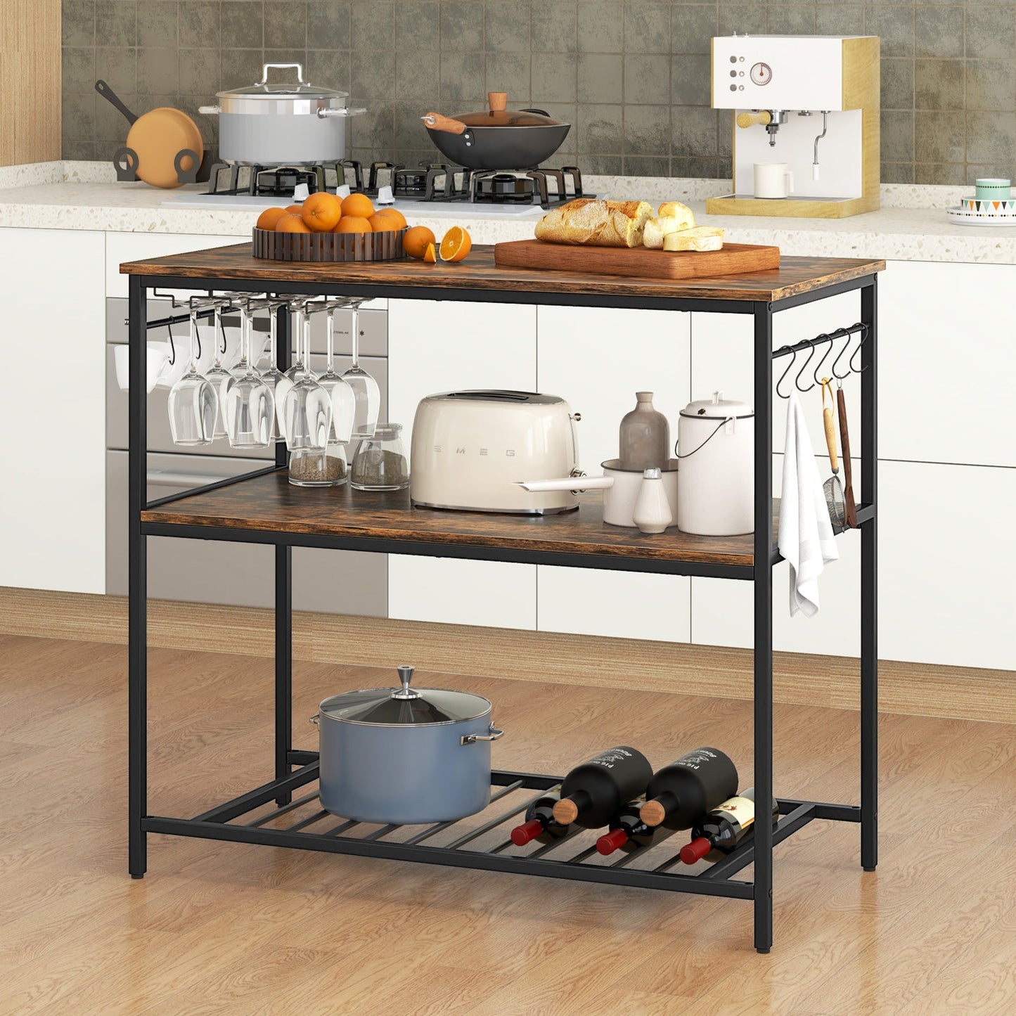 Mesa de preparación industrial para isla de cocina de 3 estantes con botellero inferior - Marrón rústico