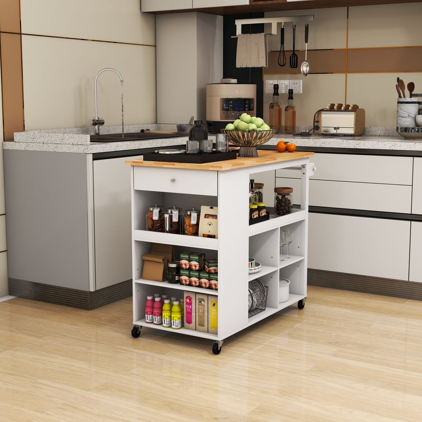 Carro de cocina con ruedas, estantes abiertos y cajón - Blanco