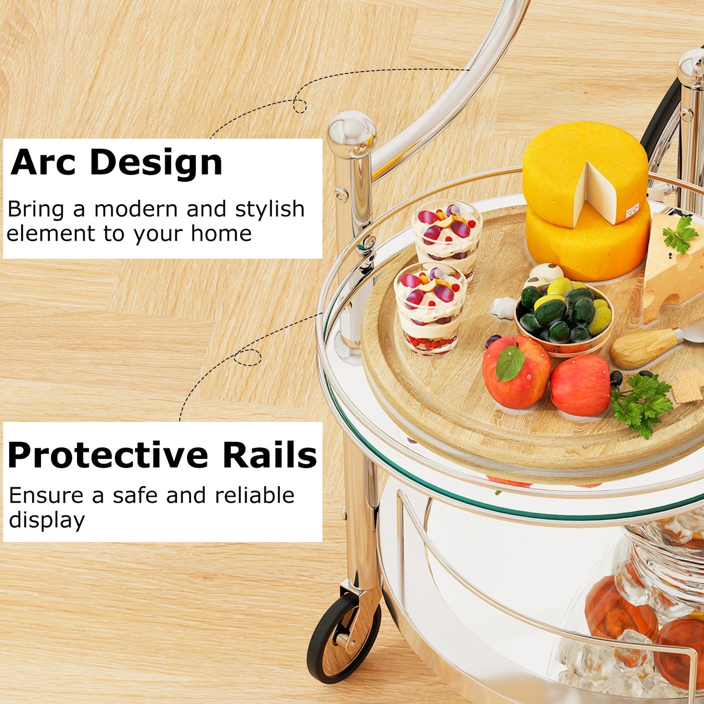 Kitchen Rolling Bar Cart with Tempered Glass Suitable for Restaurant and Hotel
