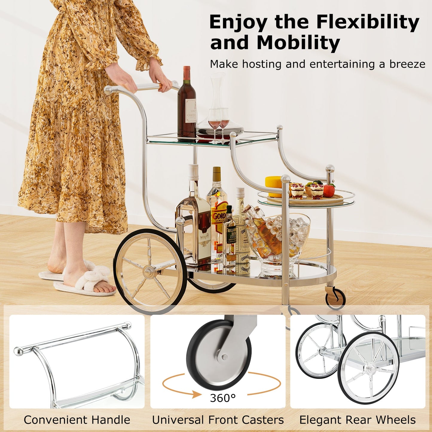 Kitchen Rolling Bar Cart with Tempered Glass Suitable for Restaurant and Hotel