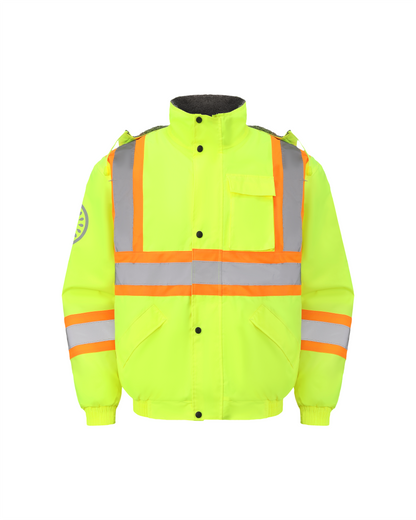 Kiwi High Visibility Hooded & Sherpa Lined ANSI/ISEA 107-2020, Type R, Class 3 Contrast Trimmed Water Resistant Neon Safety Jacket [71100]