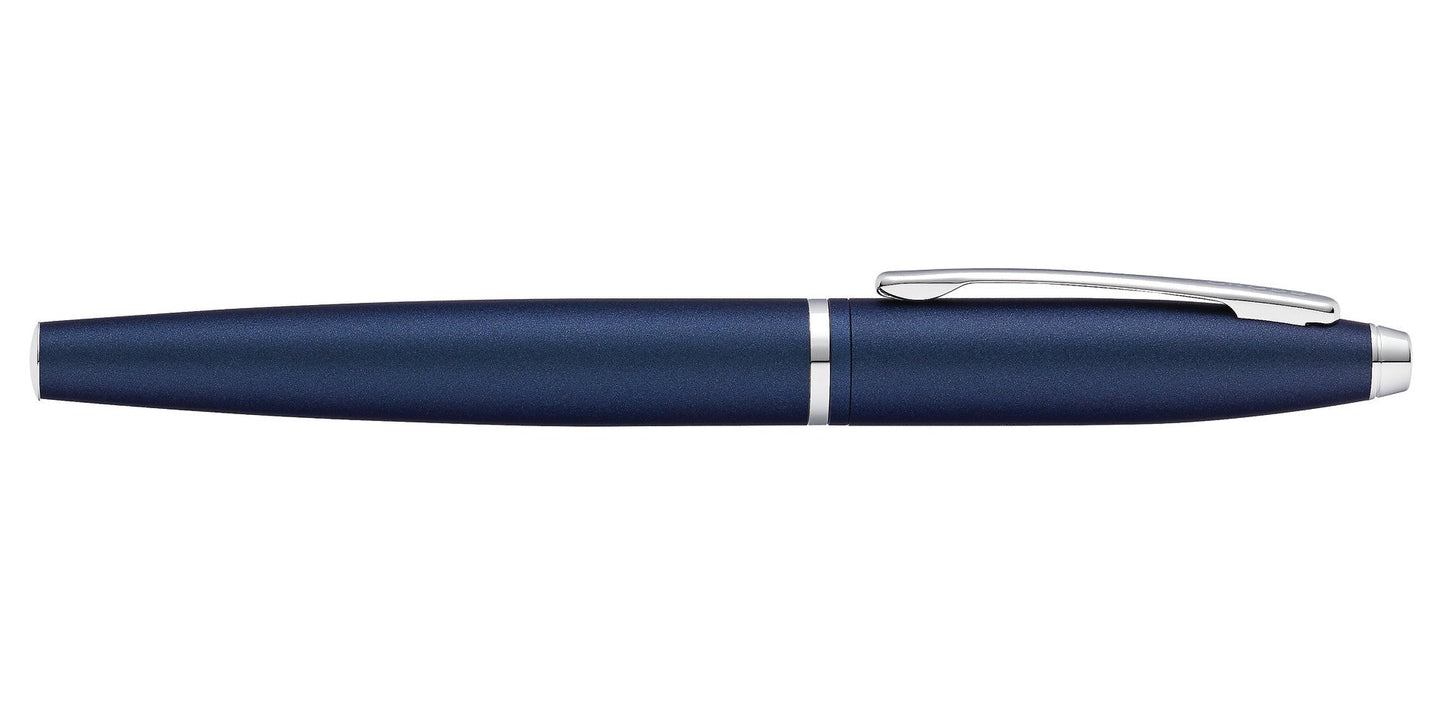 Calais Matte Metallic Midnight Blue Rollerball Pen by A.T. Cross navy body with silver clip on Tampa Home & Garden Store
