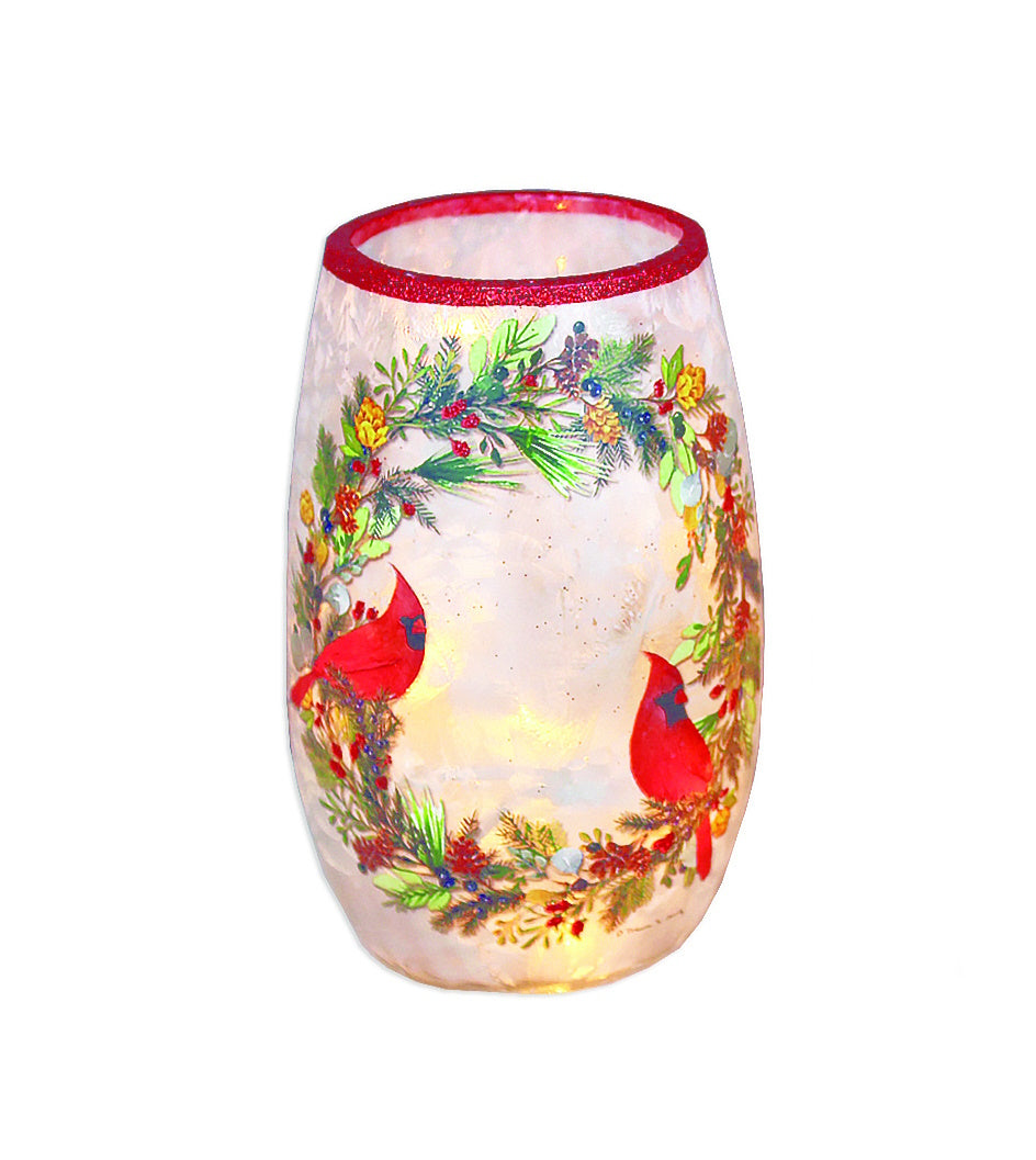 Vase lumineux cardinal vert d'hiver - Couronne