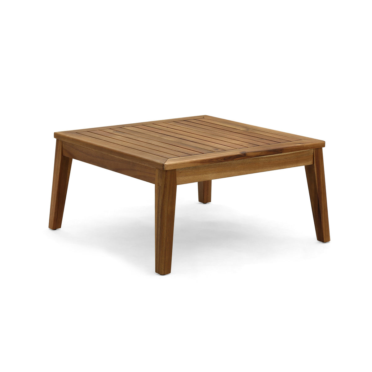 Rectangular acacia wood outdoor table with teak finish and slatted top on Tampa Home & Garden Store