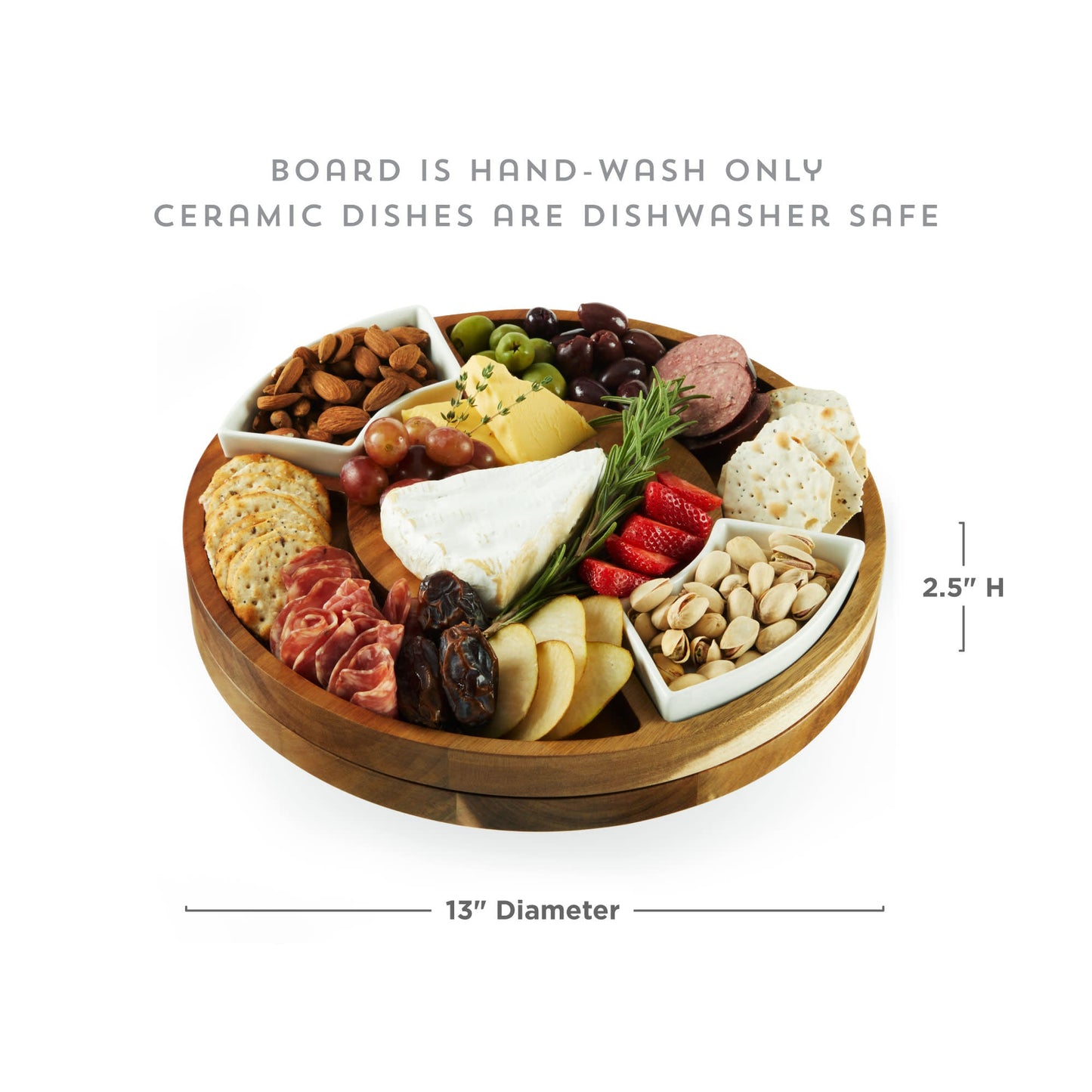 Acacia Rotating Charcuterie Board and Ceramic Dishes