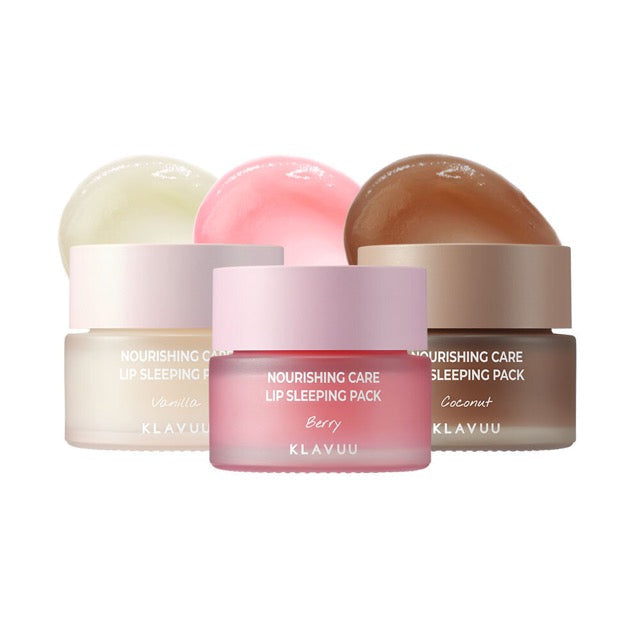 KLAVUU Nourishing Care Lip Sleeping Pack lip mask trio in Vanilla, Berry and Coconut jars on Tampa Home & Garden Store