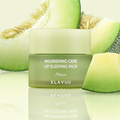 KLAVUU Nourishing Care Lip Sleeping Pack 20g jar in green melon tone with melon slices background on Tampa Home & Garden Store