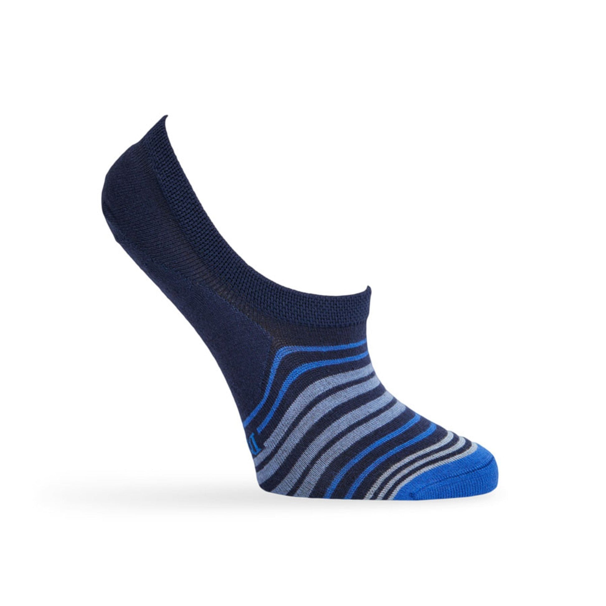 Kline No Show women's sock by DeadSoxy, navy footie with blue stripes on Tampa Home & Garden Store