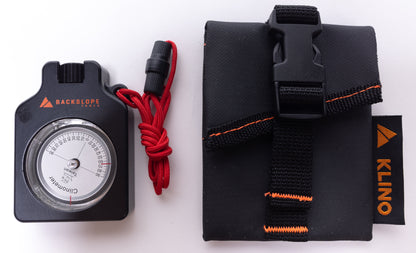 Klino clinometer by Backslope Tools with red lanyard and black carrying pouch on Tampa Home & Garden Store