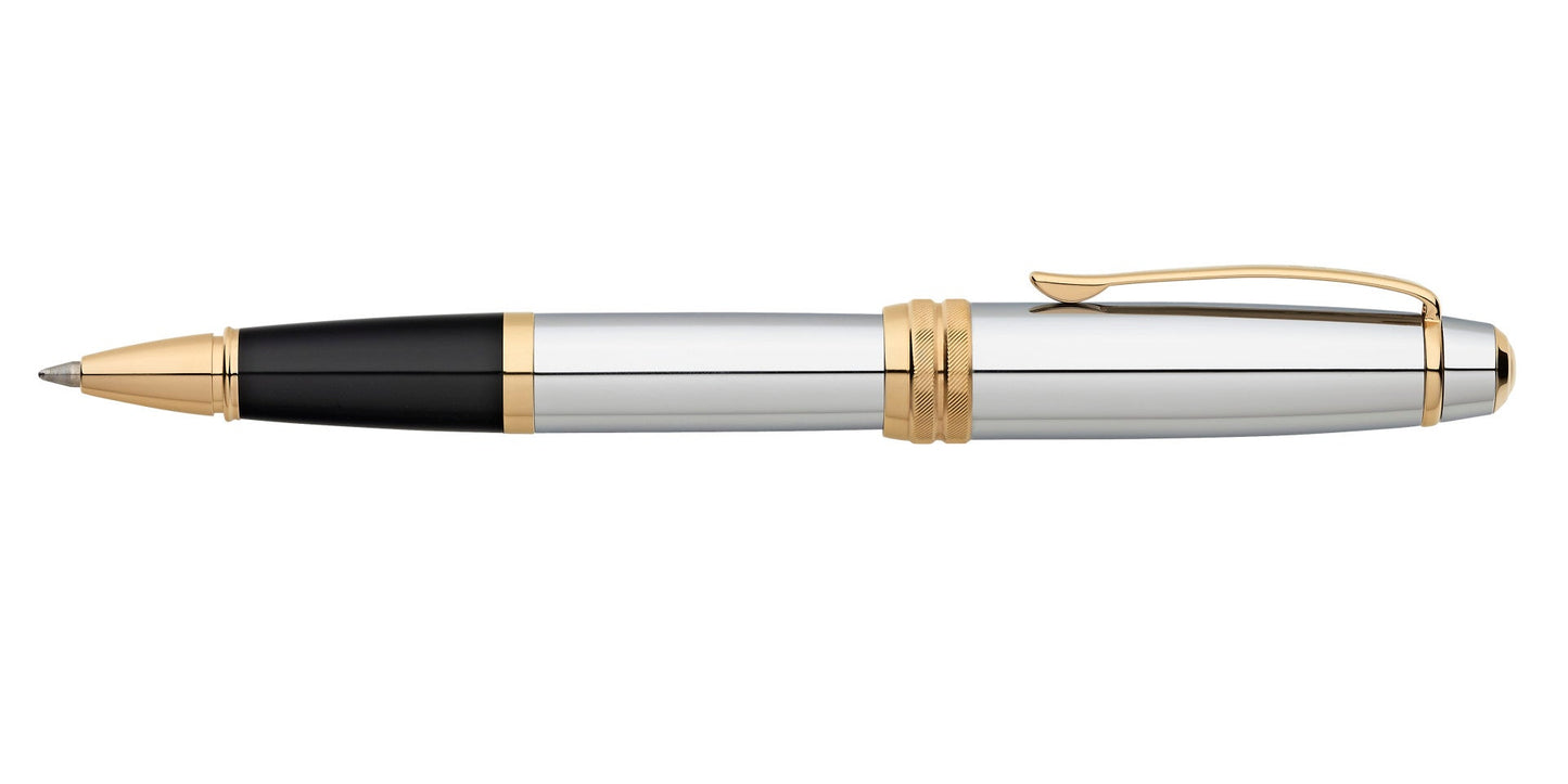 Bailey Medalist Rollerball Pen by A.T. Cross, silver barrel with black grip and gold trim on Tampa Home & Garden Store