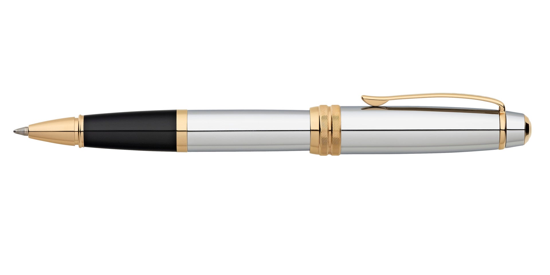 Bailey Medalist Rollerball Pen by A.T. Cross, silver barrel with black grip and gold trim on Tampa Home & Garden Store