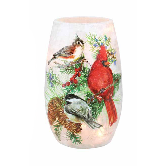 Winter Birds Lit Vase - 3.25 x 3.25 x 5.25 - Cardinal - Chickadee - Titmouse - Tampa Home & Garden Store