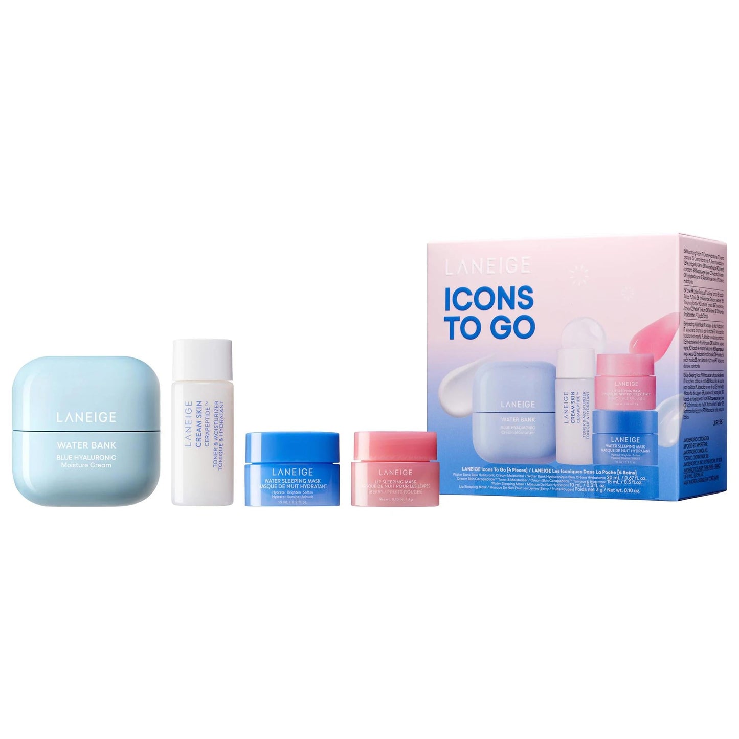 Laneige Icons To Go skincare set with 4 travel bottles and pastel pink box on Tampa Home & Garden Store